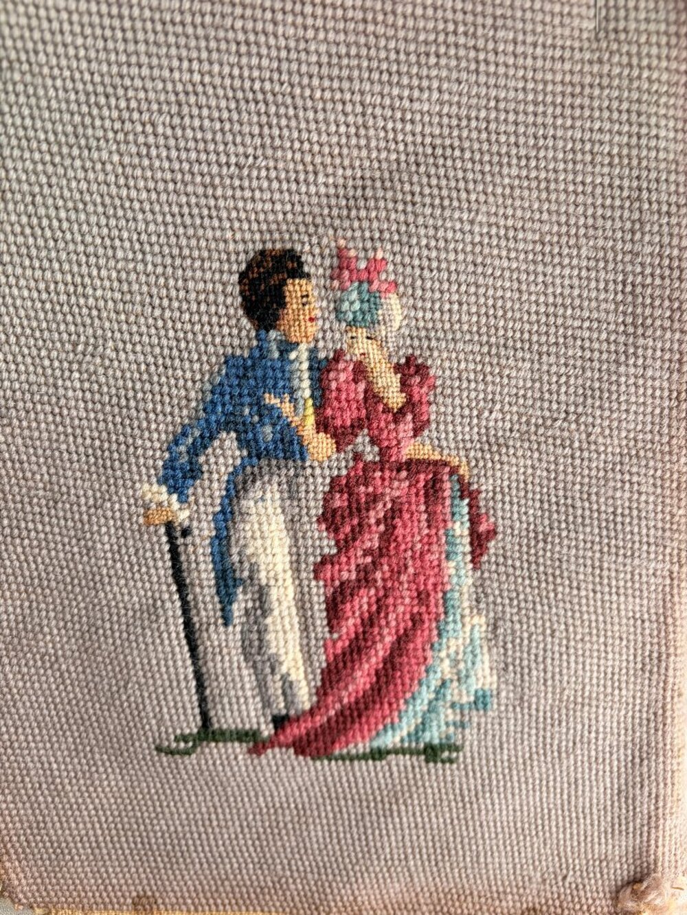 Vintage Needlepoint Courting Couple Cushion Unframed Petit Point